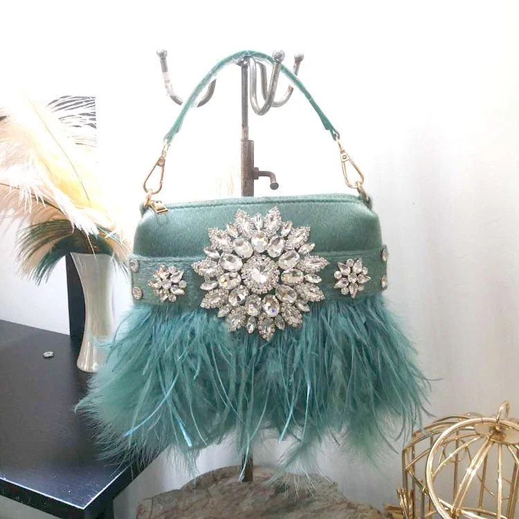 Handle bags with metallic finishes for shine -Designer Wedding Party Handbag Rhinestone Feather Evening Tote Bag Ladies Luxury Ostrich Fur Women Purse and Handbag