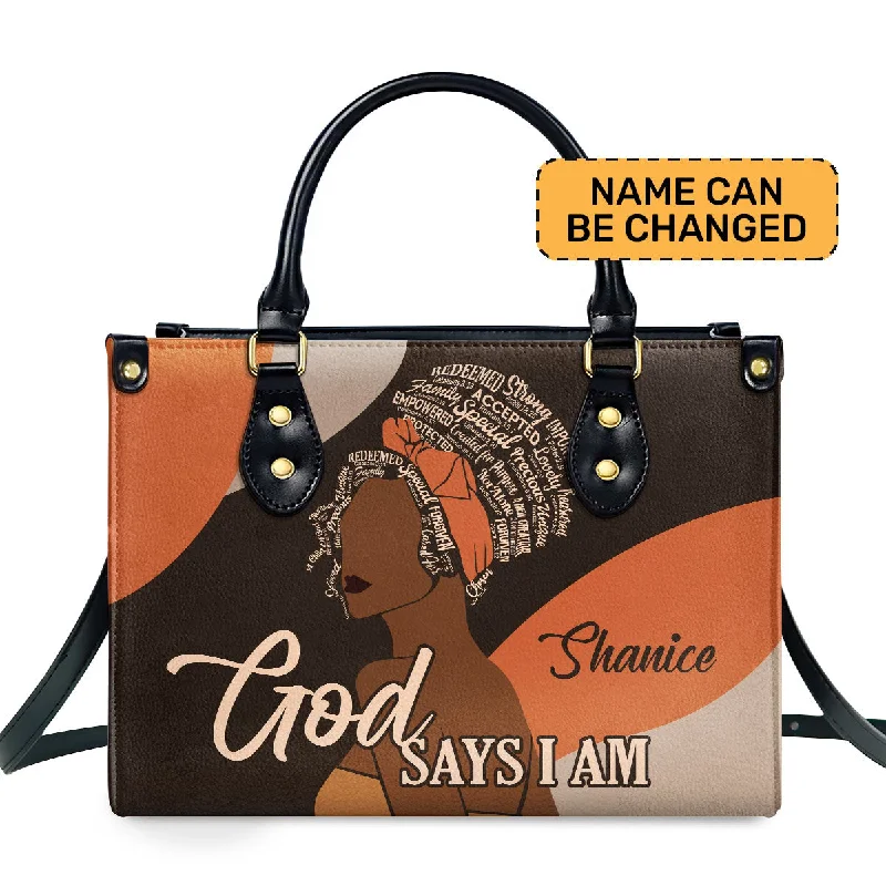 Foldable handle bags for easy storage convenience -God Says I Am - Personalized Leather Handbag STB94