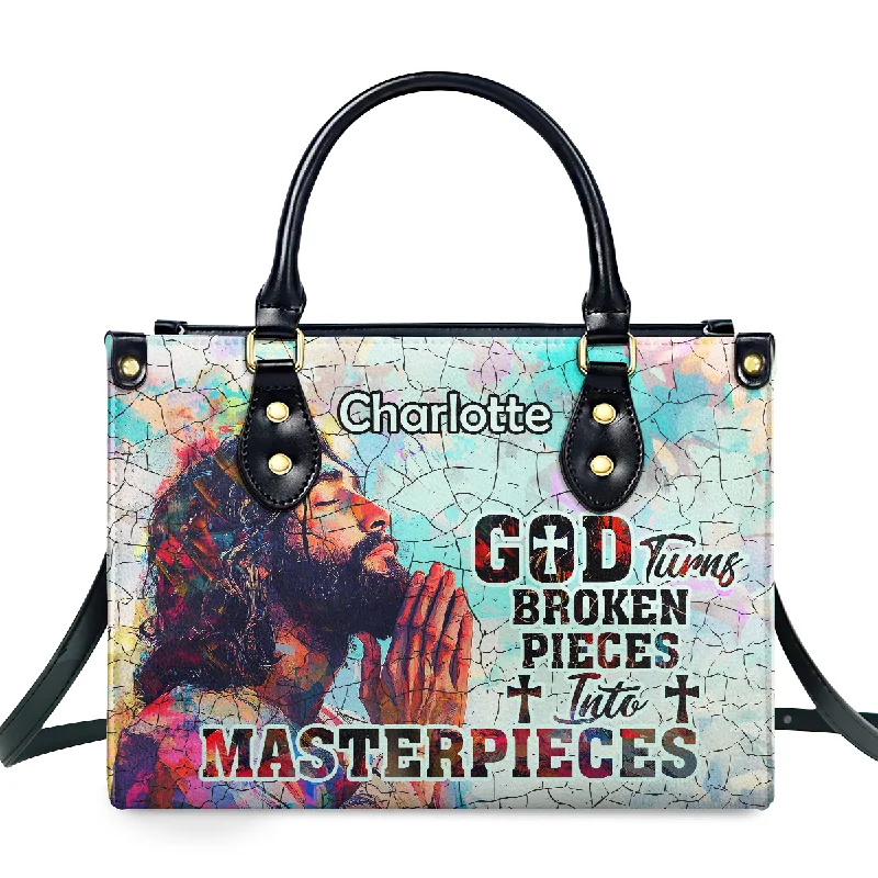 Handle bags with laptop sleeves for work -God Turns Broken Pieces Into Masterpieces - Personalized Leather Handbag SBLHBLM2743TA