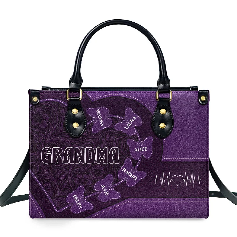 Handle bags with metallic finishes for shine -Grandma Flower Butterfly - Personalized Leather Handbag SBLHBLM2339L