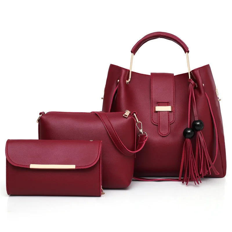 Vegan leather handle bags for eco-friendly chic -Hot Sell Casual Multi Function Burgundy Women Tote Shoulder Bag Leather Hand Bags Ladies Purses Handbags Set