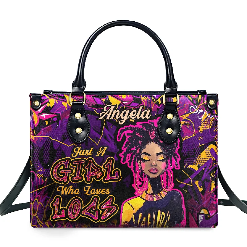 Handle bags with bright florals for cheer -Just A Girl Who Loves Locs - Personalized Leather Handbag SBLHBLM2443L