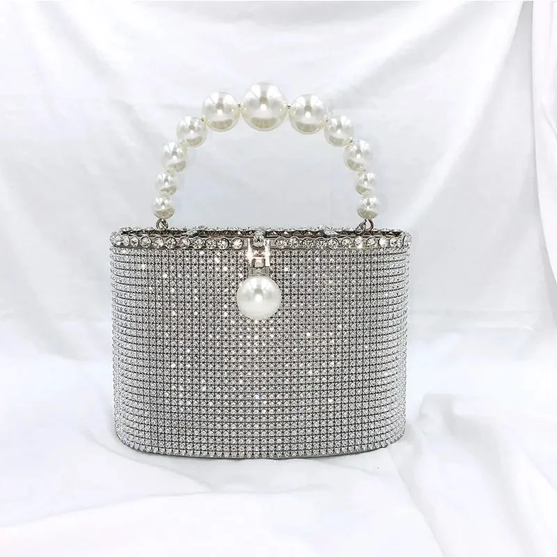 Designer handle bags with luxury logo detailing -Luxury Fashion Shinny Diamonds Evening Clutch Bags Women Pearls Handle Metal Cage Clutch Purse Crystal Tote Bag For Ladies