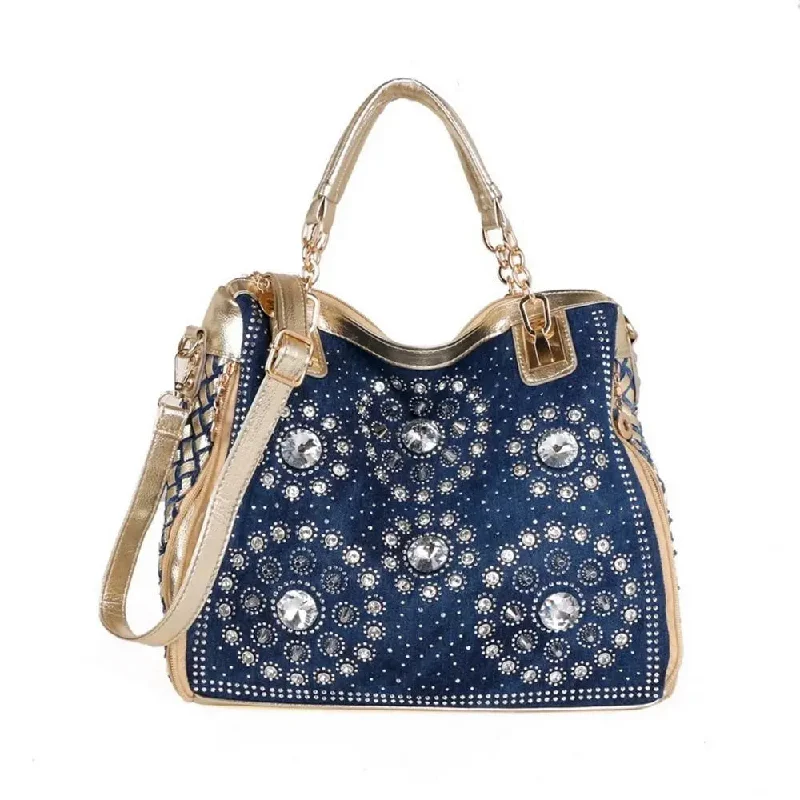 Durable handle bags for heavy-duty everyday use -Luxury Trendy Casual Fashion Shoulder Bag For Ladies Rhinestone Women's Denim Handbag Shoulder Tote Bag