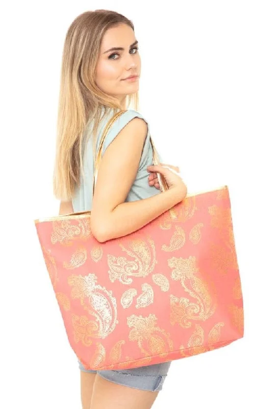 Handle bags with side pockets for organization -MB0126 Gold Foil Paisley Beach Bag