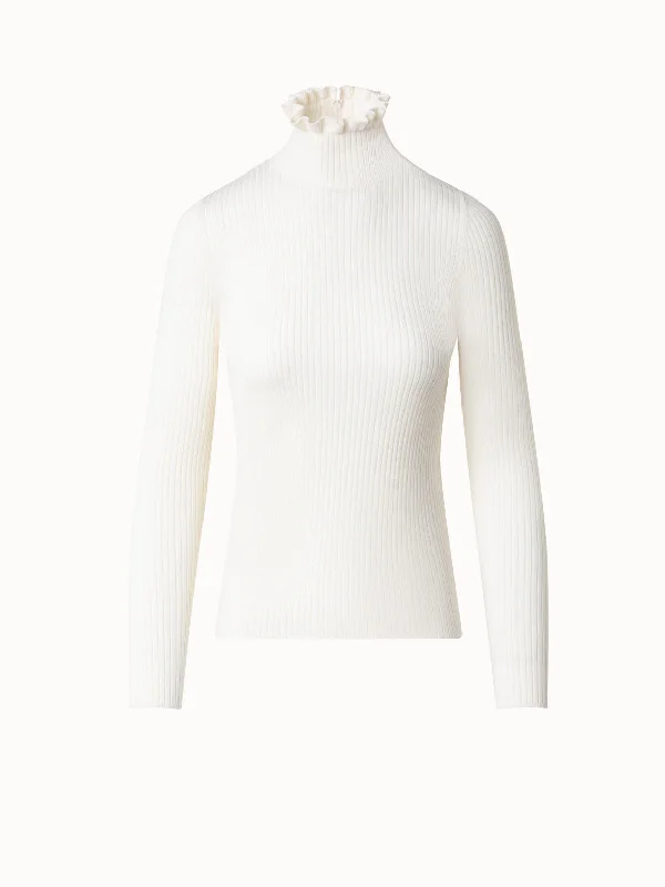 Handle bags with soft leather for luxury -Merino Wool Knit Sweater with Mock Neck and Ruffles