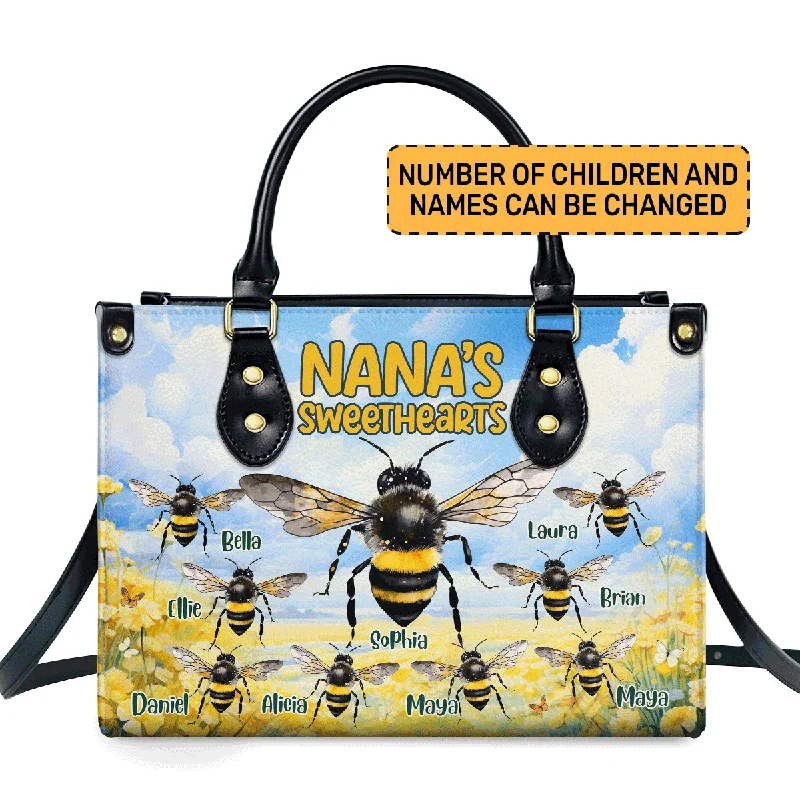 Handle bags with detachable pouches for versatility -Nana's Sweethearts - Bees Personalized Leather Handbag STB114