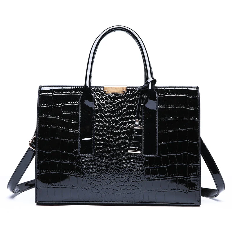 Handle bags with neutral leather for elegance -New Fashion Crocodile PU Leather Handbags for Women Large Shoulder Bag Ladies Tote Satchel Purse