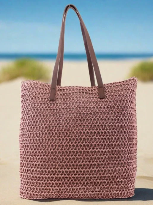 Handle bags with sleek hardware for sophistication -PB0033 Leather Handle Straw Beach Bag/Tote