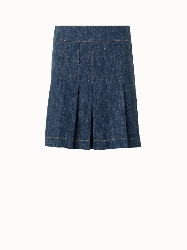 Handle bags with wide openings for access -Pleated Denim Mini Skirt