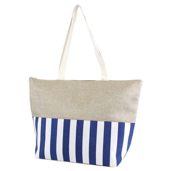 Handle bags with bold stripes for trendiness -ST18C-1004 Burlap Top Monogrammable Stripes Print Tote/Beach Bag