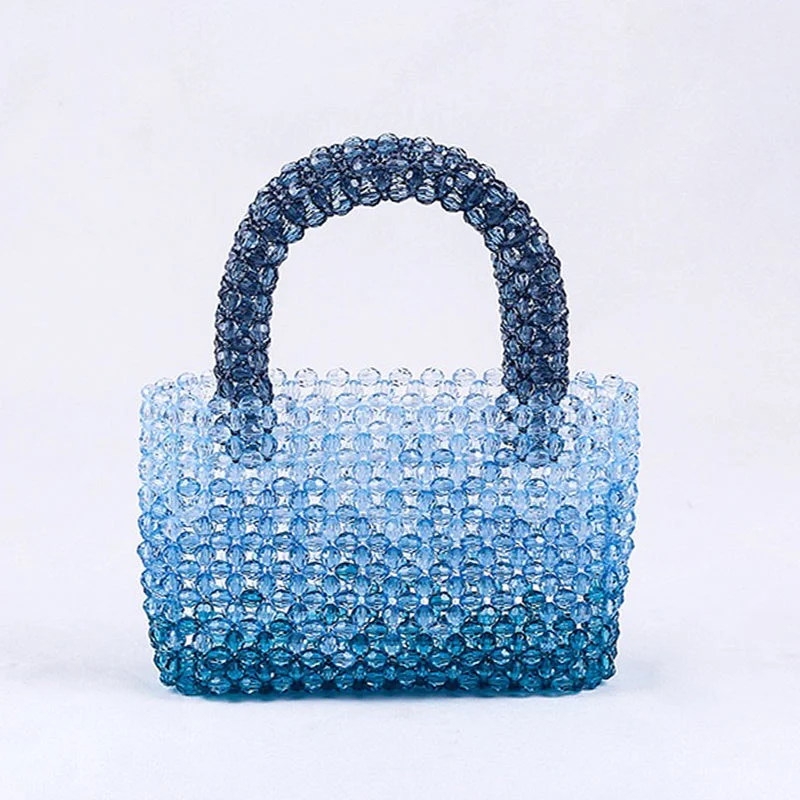 Handle bags with playful patterns for fun -Summer New Transparent Cute Acrylic Blue Beads Fashion Tote Bag Ladies Banquet Dress Clear Pearl Beaded Clutch Handbag and Purse