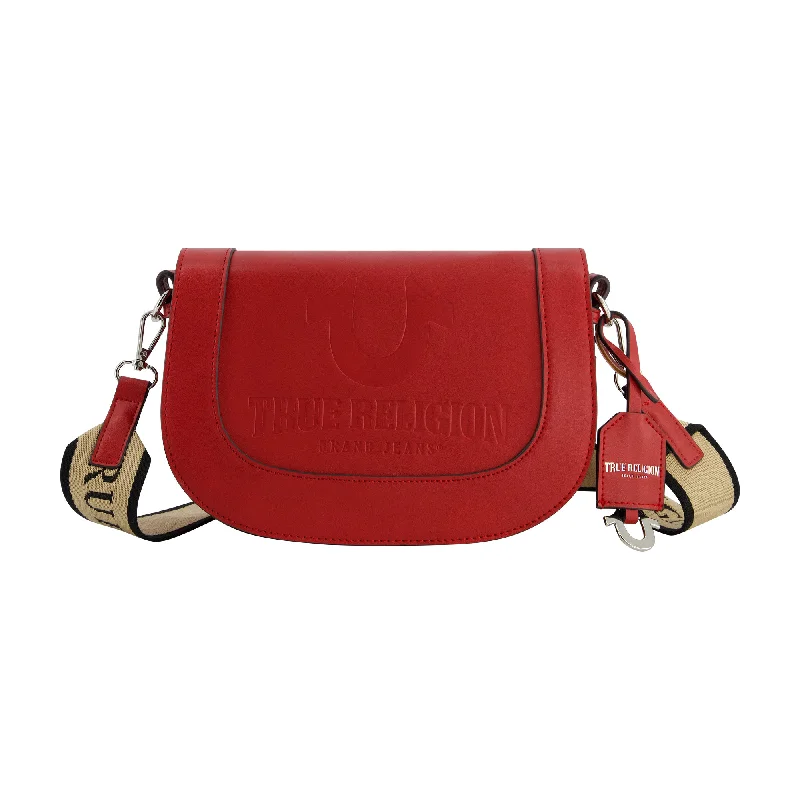 Handle bags with metallic finishes for shine -True Religion debossed logo flap shoulder bag