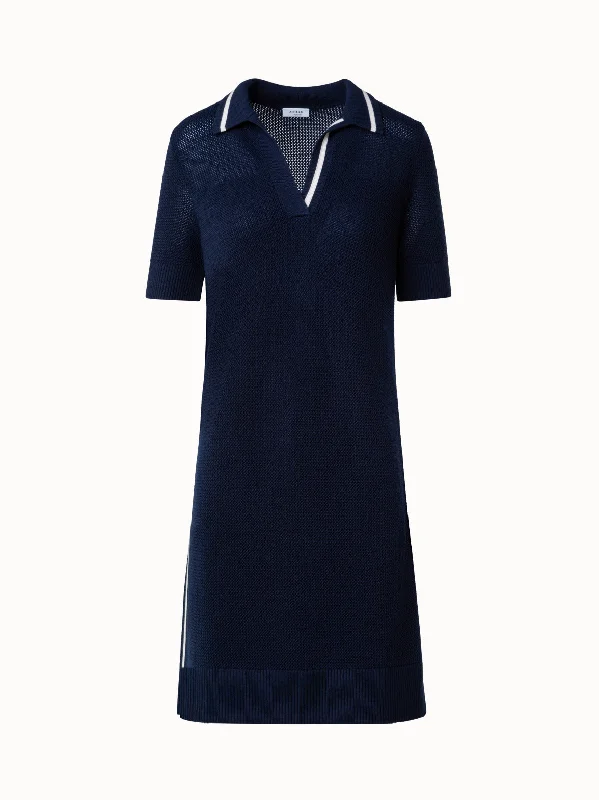 Handle bags with subtle embroidery for detail -Wool Blend Mesh Knit Polo Dress